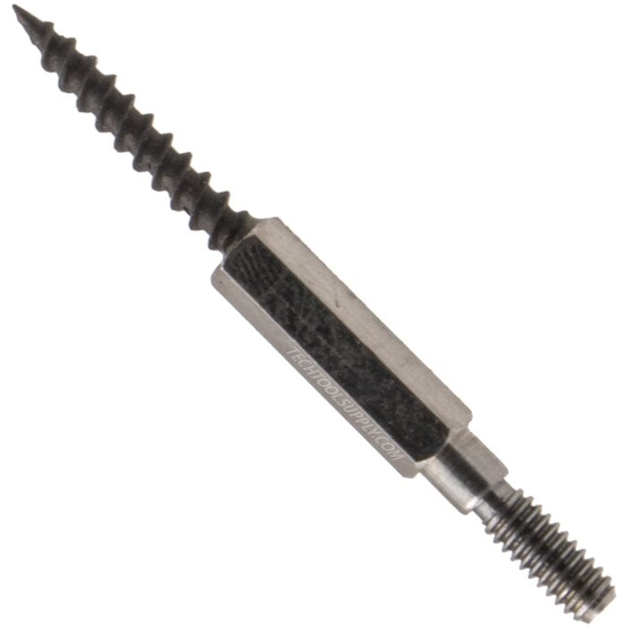 The Grapter adapter: a steel wood-screw thread, a hex body, and an 8-32 machine-thread stud